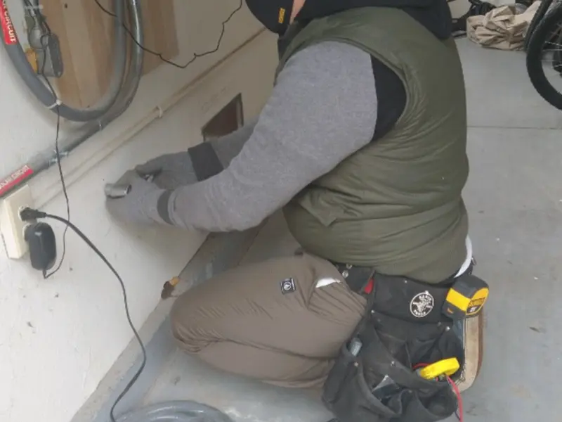 Electrician performing outlet wiring in a Lakeshore garage